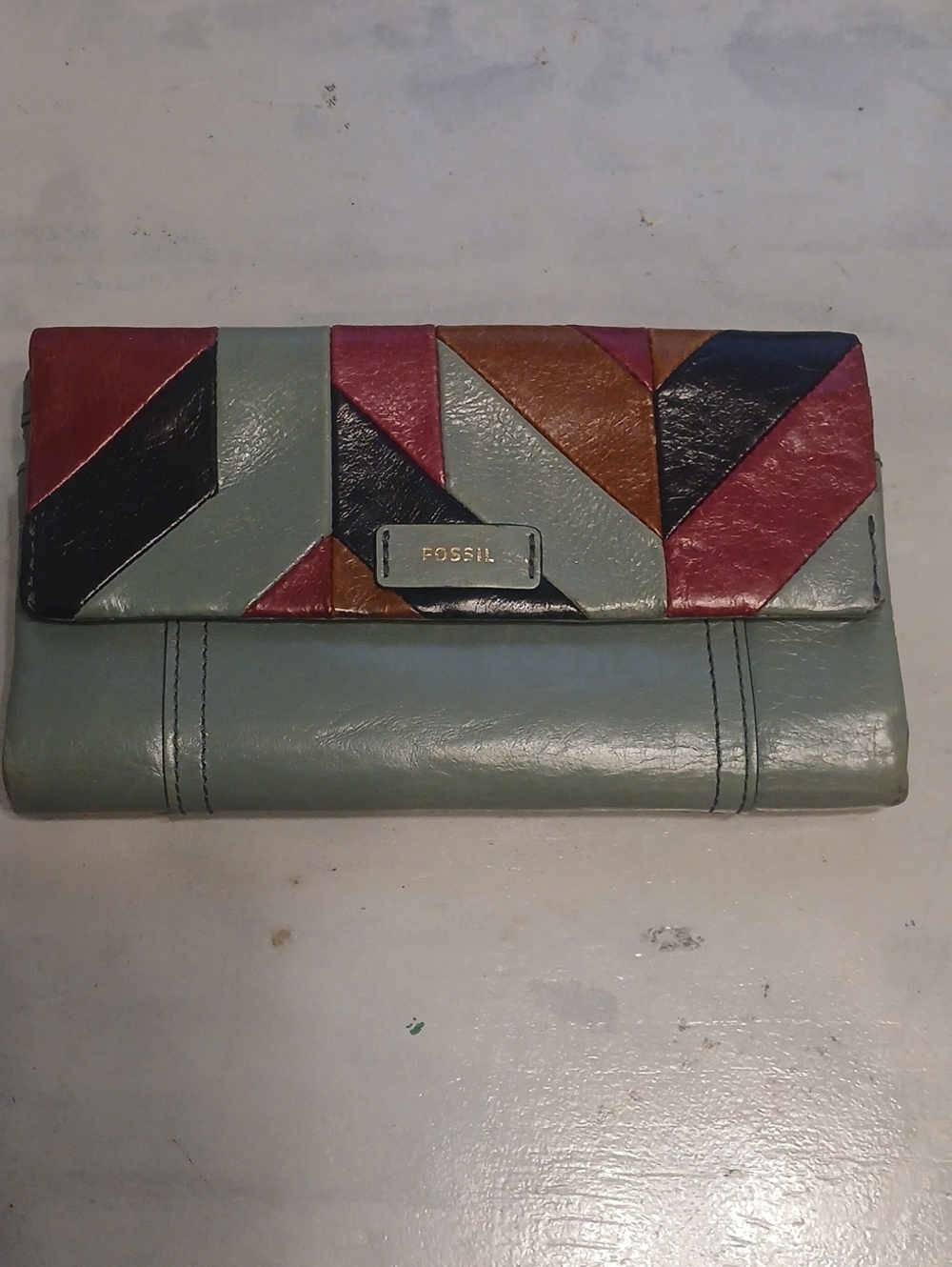 Fossil Colorblock Leather Fold-Over Wallet in Sage with Multicolor Panels